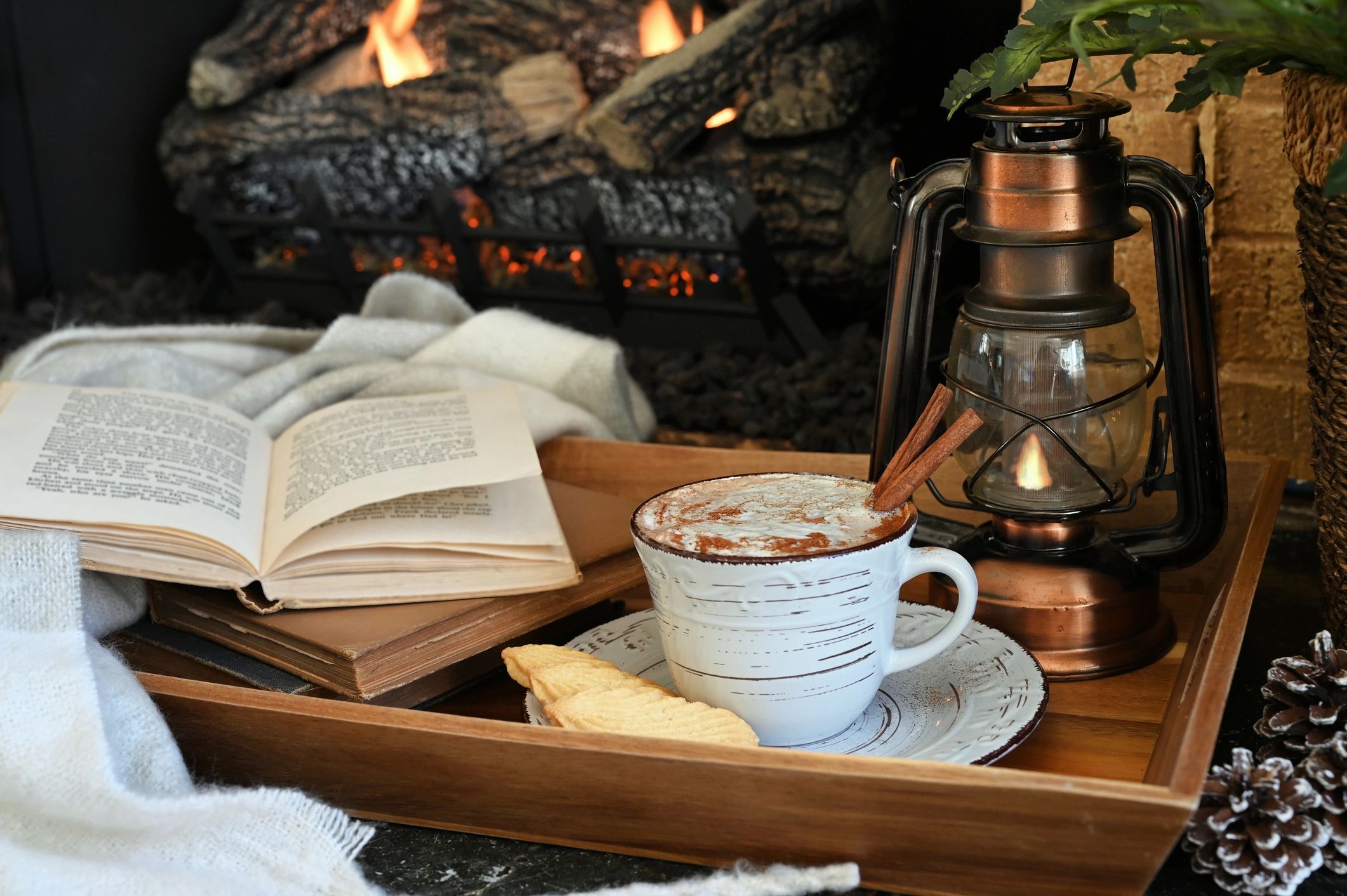 Hot drink and books by a fireplace
