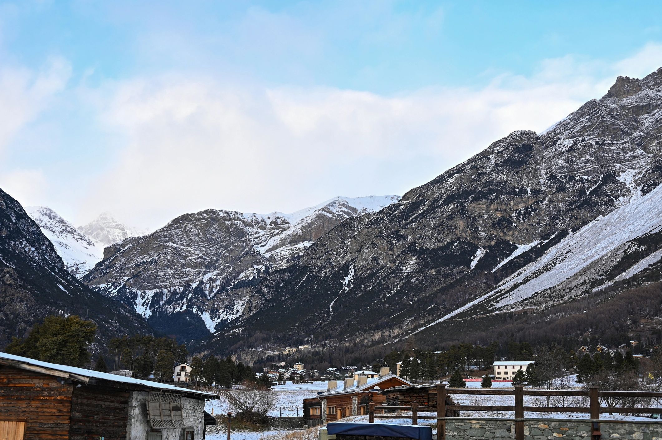 Snowy village in an alpine valley