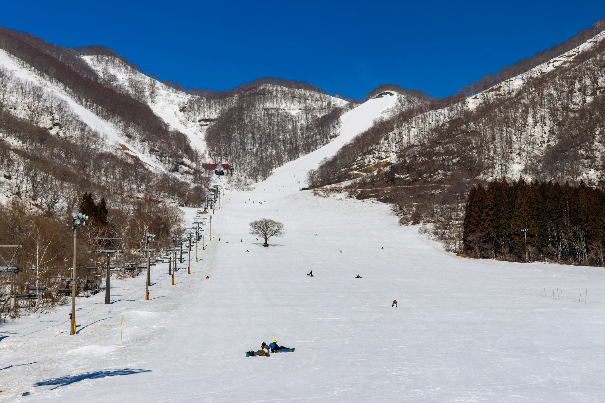 Sunny ski area with chairlifts and snow-covered mountains